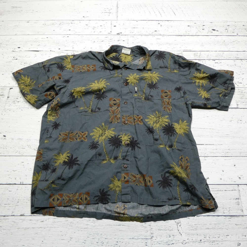 Go Barefoot Hawaiian Shirt Mens Large Gray Cotton Short Sleeve Button Up USA